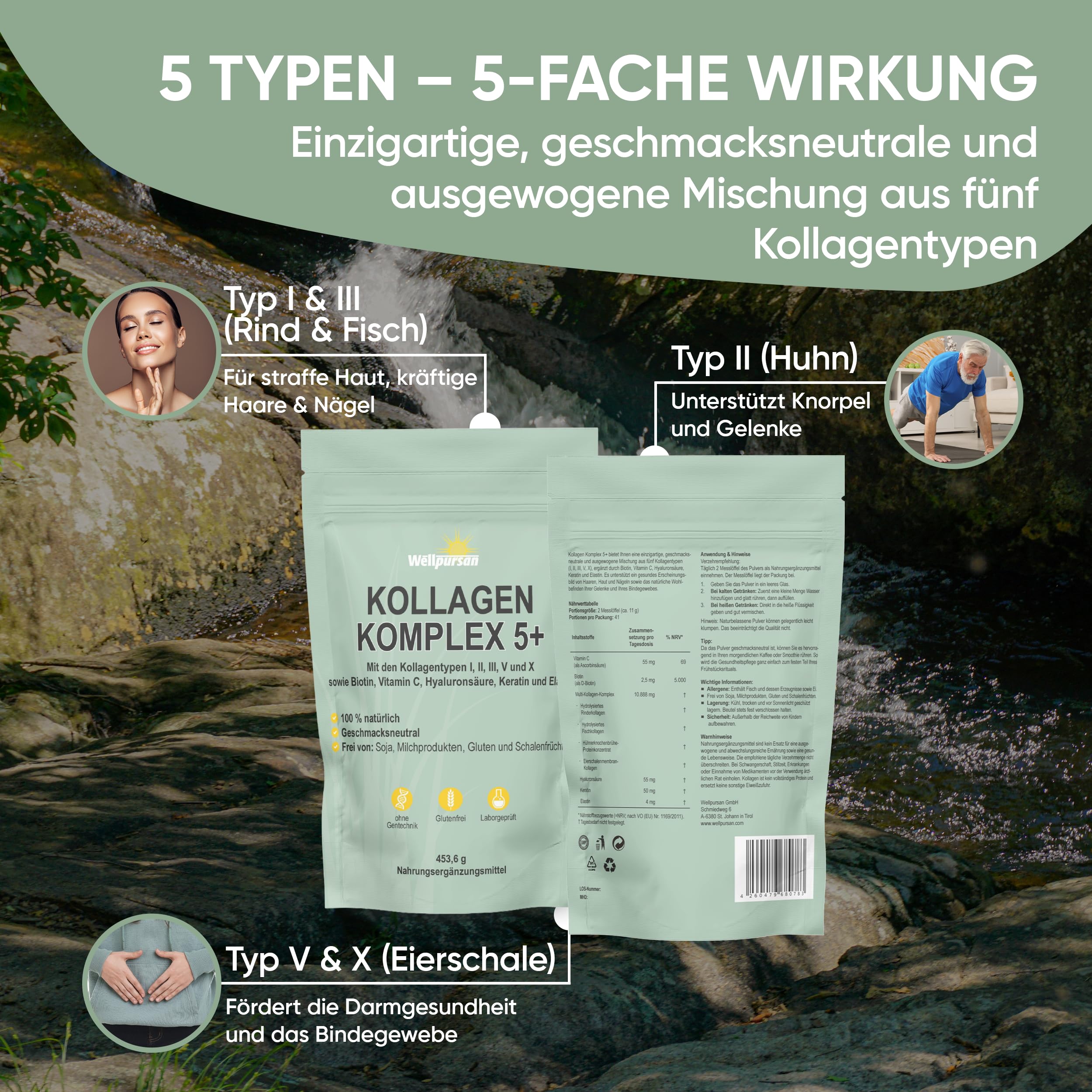 Kollagen-Komplex 5+ Multi-Kollagen Pulver mit Typ I, II, III, V & X